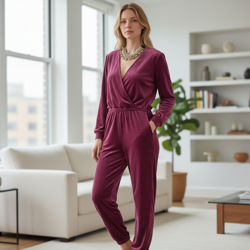 Kondi Velour Jumpsuit Womens M‎ Burgundy Long Sleeve Wrap Front Loungewear Chic